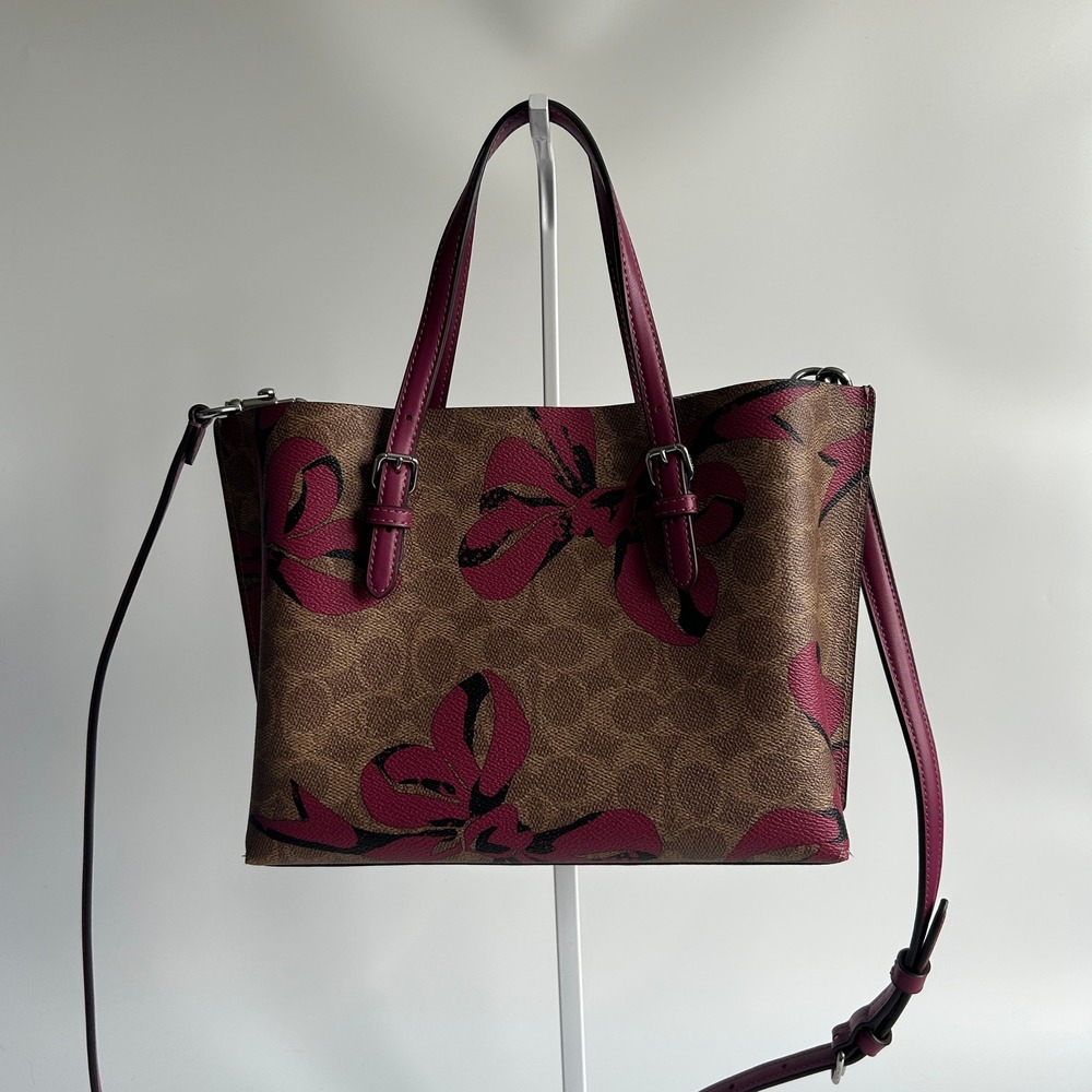 Coach Mollie Tote 25 Brown Pink Signature Canvas Bow Print Tote Excellent - Picture 2 of 7
